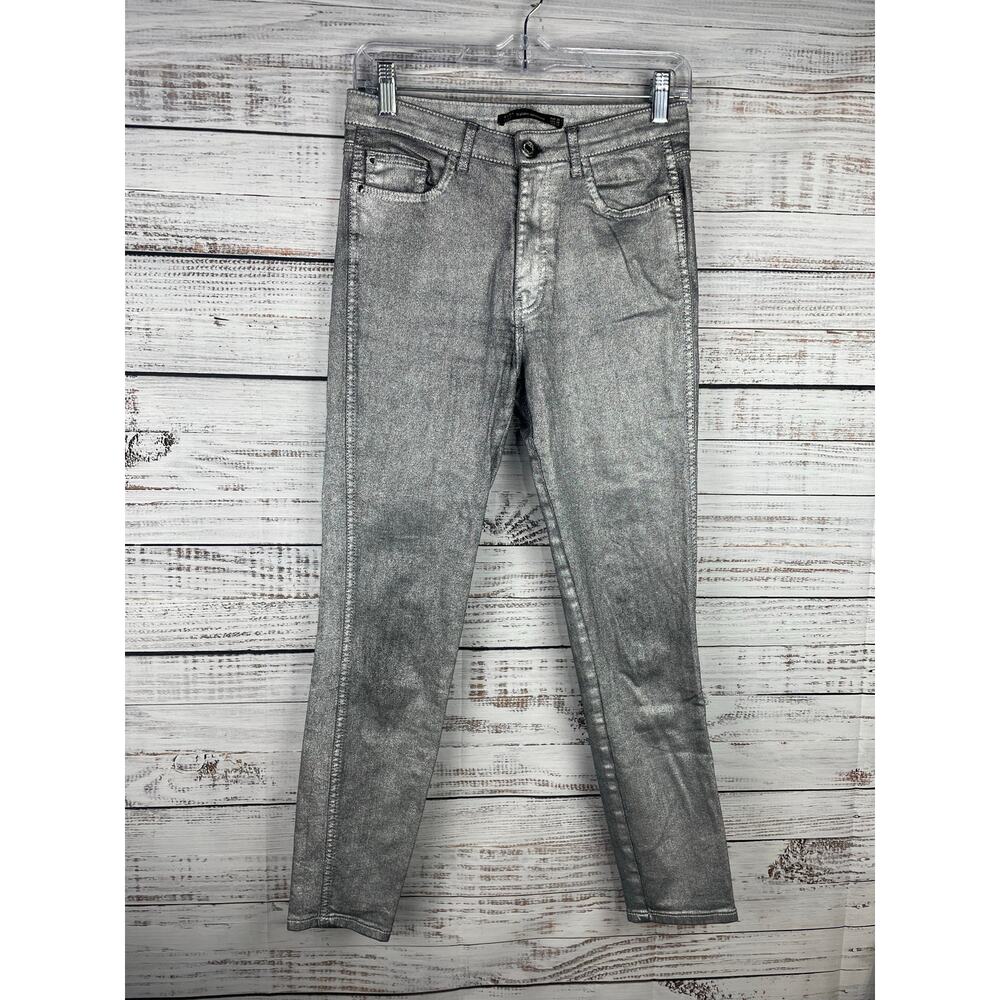 Zara Silver High Rise Skinny Jeans Disco Metallic Shimmer Stretch Bold 6 Y2K